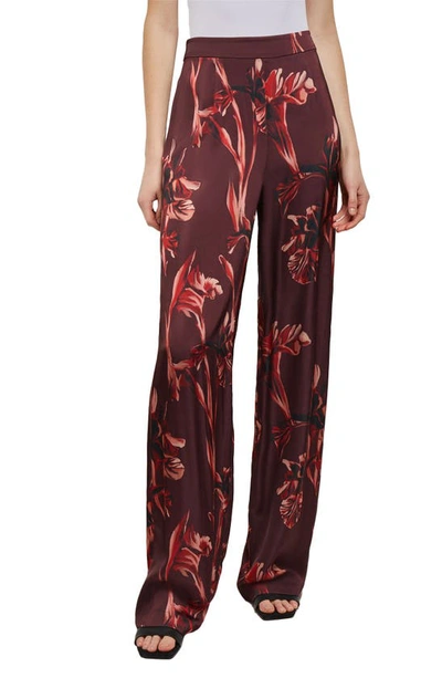 Misook Floral-print Straight-leg Crepe De Chine Pants In Mahohany/multi