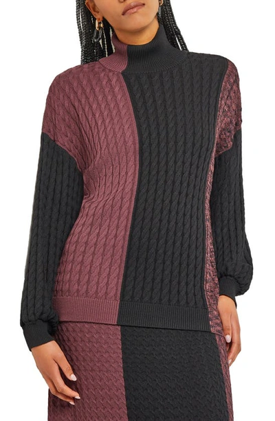 Misook Colorblock Cable Knit Turtleneck Sweater In Multi