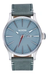 Nixon The Sentry Leather Strap Watch, 42mm In Silver / Blue / Forest