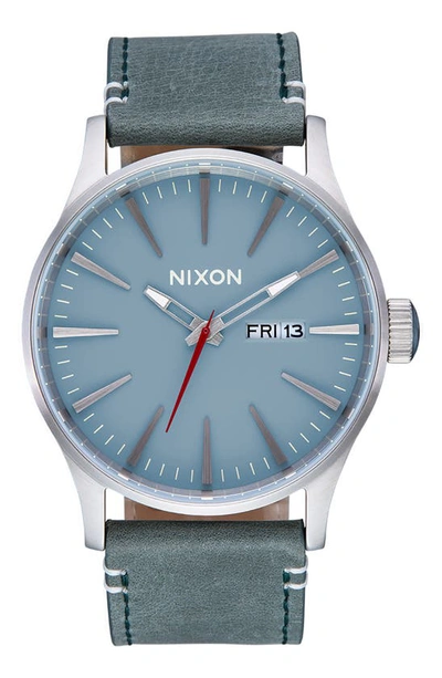 Nixon The Sentry Leather Strap Watch, 42mm In Silver / Blue / Forest