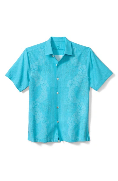 Tommy Bahama Bali Border Floral Jacquard Short Sleeve Silk Button-up Shirt In River Blue