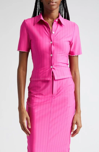 Sammy B Stripe Short Sleeve Crop Button-up Shirt In Pink