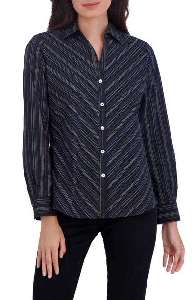 Foxcroft Mary Stripe Cotton Blend Button-up Shirt In Black/ White Stripe