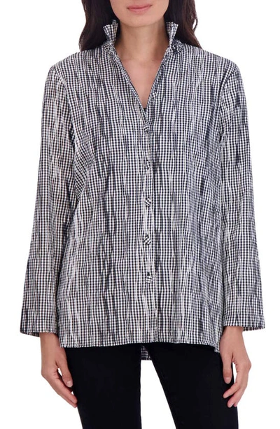 Foxcroft Carolina Crinkled Gingham Cotton Blend Shirt Jacket In Black/ White