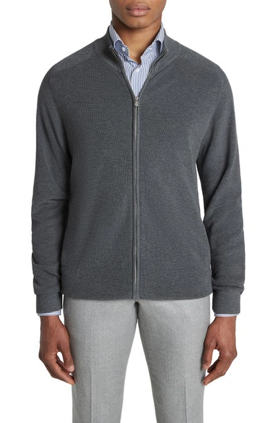 Jack Victor Murray Organic Cotton & Silk Zip Cardigan In Charcoal