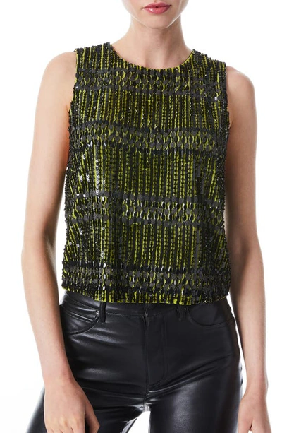 Alice And Olivia Amal Embellished Boxy Tank Top In Citron/ Black