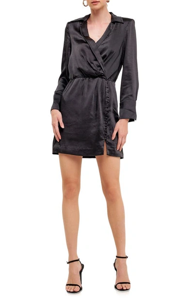 Endless Rose Long Sleeve Satin Minidress In Black