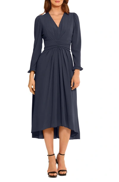 Maggy London Cinched Long Sleeve High-low Dress In Navy Blazer