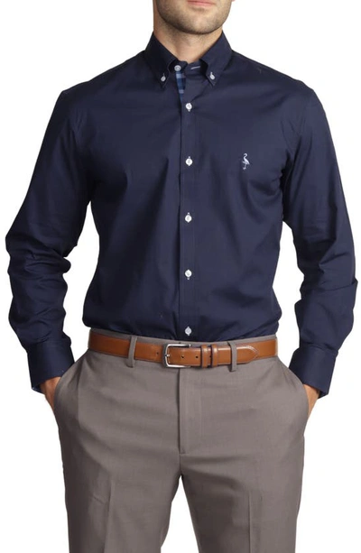 Tailorbyrd Long Sleeve Cotton Stretch Button Down Shirt In Navy