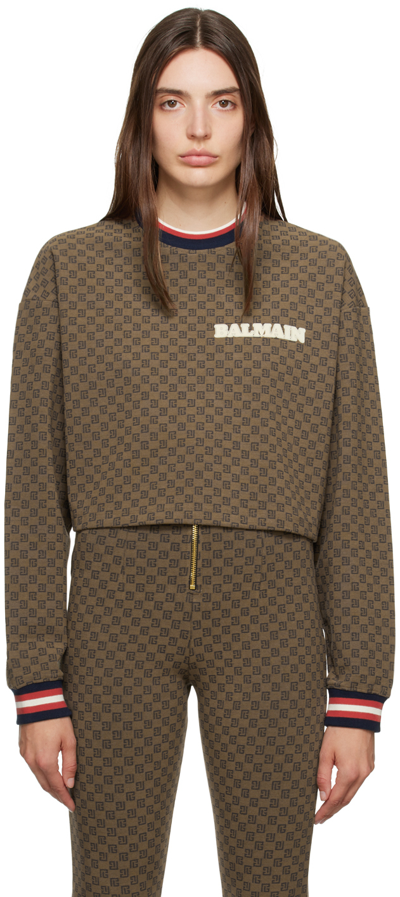 Balmain Monogram-print Cropped Sweatshirt In Brown