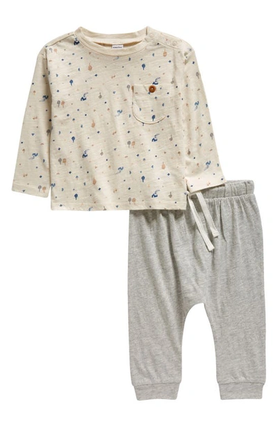 Nordstrom Babies' Long Sleeve Cotton Pocket T-shirt & Joggers Set In Ivory Pristine Forest- Grey