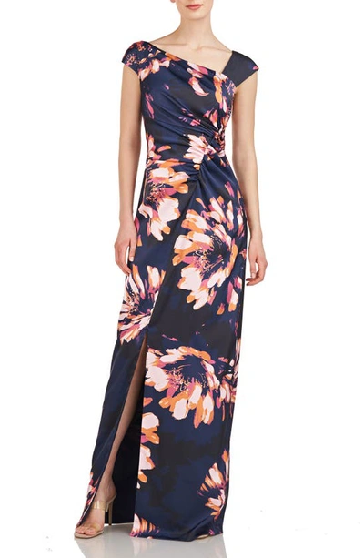 Kay Unger Wafa Floral Column Gown In Dark Midnight Multi