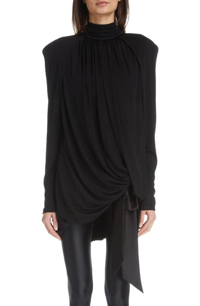 Saint Laurent Draped Long Sleeve Turtleneck Jersey Minidress In Noir