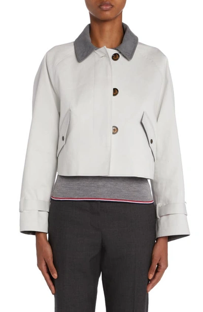 Thom Browne Crop Cotton Car Coat With Removable Tie Detail Hood In White