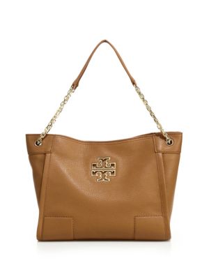 Tory Burch Britten Small Center-zip Leather Tote In Bark | ModeSens
