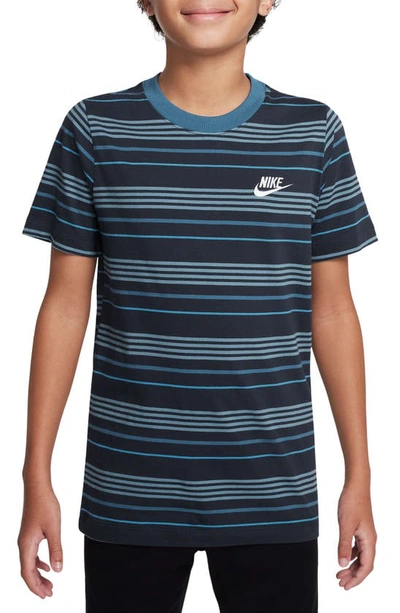 Nike Kids' Sportswear Stripe Cotton Logo T-shirt In Obsidian/ Industrial Blue