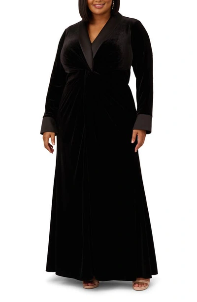 Adrianna Papell Long Sleeve Tux Velvet Gown In Black