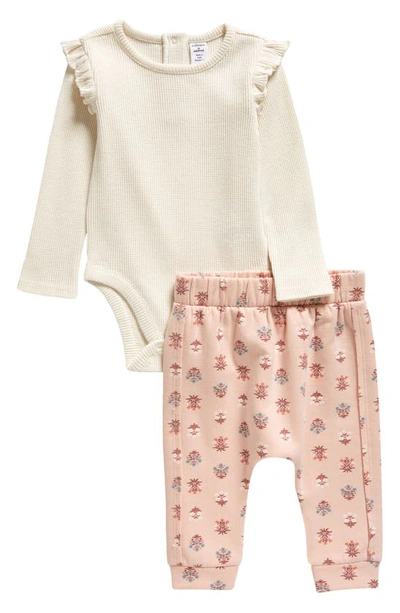 Nordstrom Kids' Waffle Bodysuit & Trousers Set In Ivory Pristine- Pink Floral