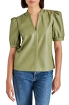 Steve Madden Jane Puff Sleeve Faux Leather Top In Dusty Olive