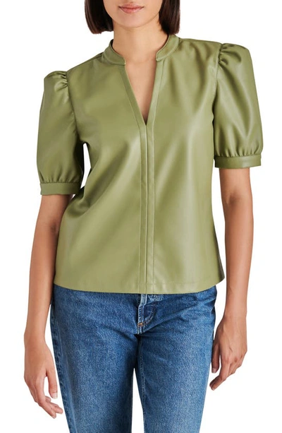 Steve Madden Jane Puff Sleeve Faux Leather Top In Dusty Olive