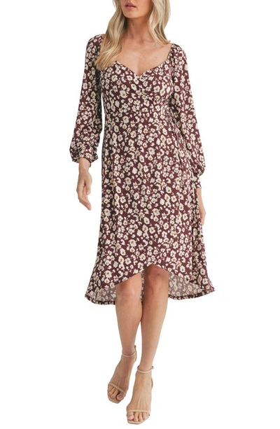 Lush Long Sleeve Faux Wrap Knit Midi Dress In Burgundy Multi