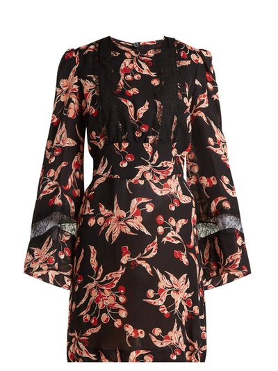 Dundas Long-sleeve A-line Cherry-print Double-georgette Mini Dress In Black Pink