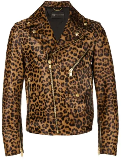 Versace Leather Leopard Print Biker Jacket In Brown