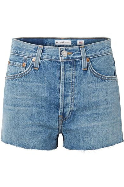 Re/done The Short Frayed Denim Shorts In Mid Denim
