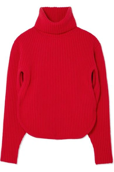 Antonio Berardi Cutout Ribbed Wool And Cashmere-blend Turtleneck Jumper In Red