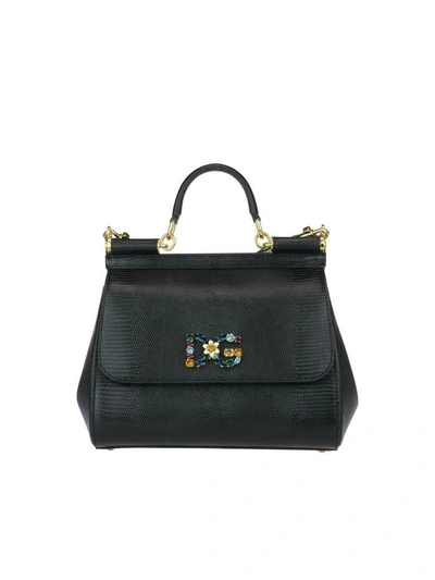 Dolce & Gabbana Embellished Medium Sicily Gray Leather Bag In Black