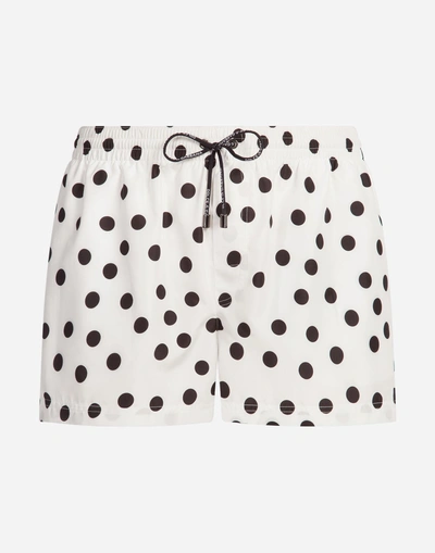 Dolce & Gabbana Short Swimming Trunks With Dots Print And Pouch Bag In White