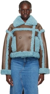 Stand Studio Kristy Cropped Double-breasted Faux Shearling Jacket In Ebony Brown,sky Blue