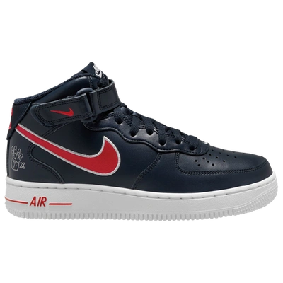Nike Navy Air Force 1 '07 Mid Sneakers In Obsidian/red/wolf Grey