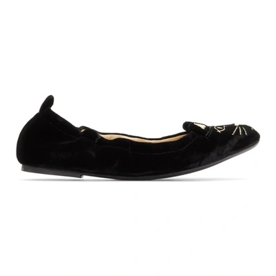 Charlotte Olympia Kitten Embroided Ballerina Shoes In Black
