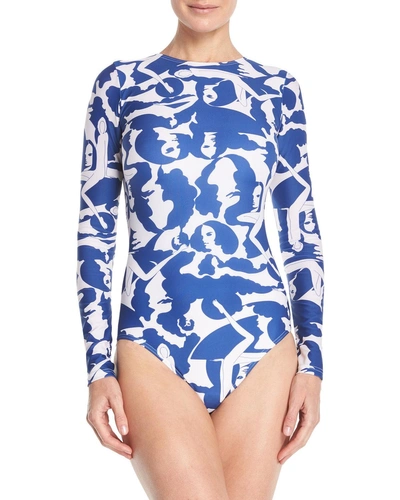 Double J Cutout-back Long-sleeve Printed One-piece Swimsuit In Blue Pattern