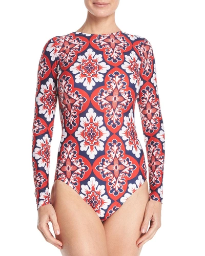 Double J Cutout-back Long-sleeve Printed One-piece Swimsuit In Red/blue