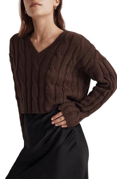 Madewell Cable Knit V-neck Crop Sweater In Dark Coffee
