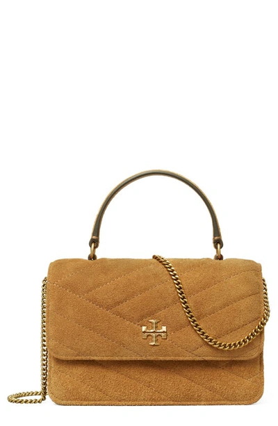 Tory Burch Mini Kira Chevron Quilted Suede Top Handle Bag In Dark Tiramisu