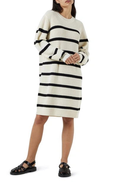 Noisy May Maysa Stripe Long Sleeve Relaxed Sweater-dress In Eggnog Stripes Black