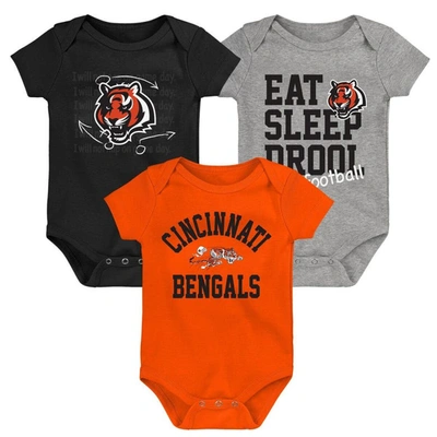 Outerstuff Babies' Newborn & Infant Black/orange/heather Gray Cincinnati Bengals Three-pack Eat, Sleep & Drool Retro Bo