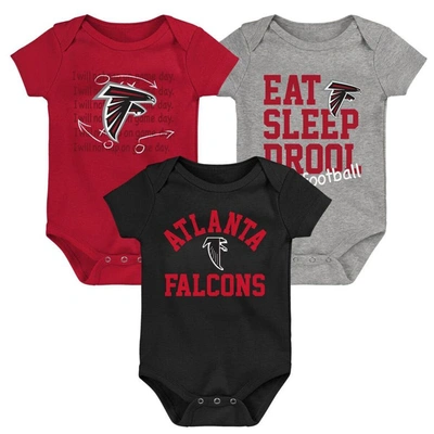 Outerstuff Babies' Newborn & Infant Red/black/heather Gray Atlanta Falcons Three-pack Eat, Sleep & Drool Retro Bodysuit In Red,black,heather Gray