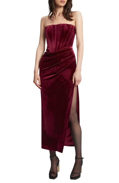 Bardot Everlasting Strapless Velour Midi Dress In Red