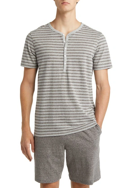 Daniel Buchler Heathered Stripe Recycled Cotton Blend Henley Pajama T-shirt In Grey Stripe