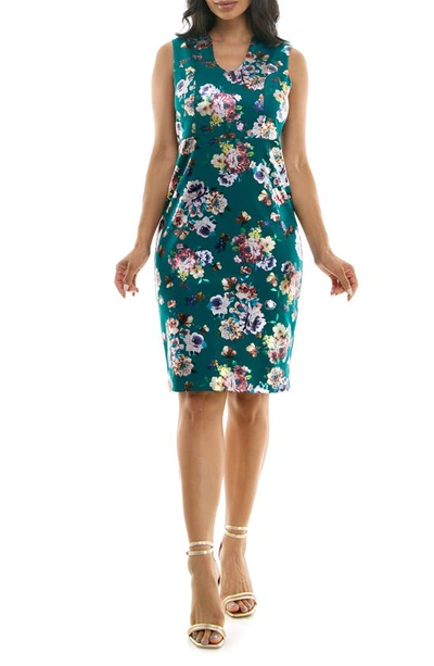 Nina Leonard Floral Foil Midi Dress In Teal Multi