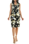 Nina Leonard Floral Foil Midi Dress In Black/ Gold/ Silver