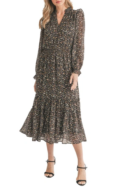Mila Mae Ditsy Floral Long Sleeve Maxi Dress In Black Multi