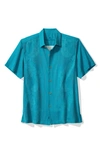 Tommy Bahama Bali Border Floral Jacquard Short Sleeve Silk Button-up Shirt In Hazy Teal