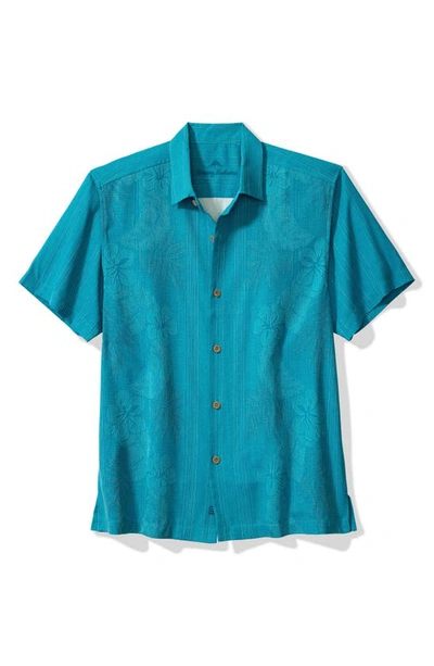 Tommy Bahama Bali Border Floral Jacquard Short Sleeve Silk Button-up Shirt In Hazy Teal