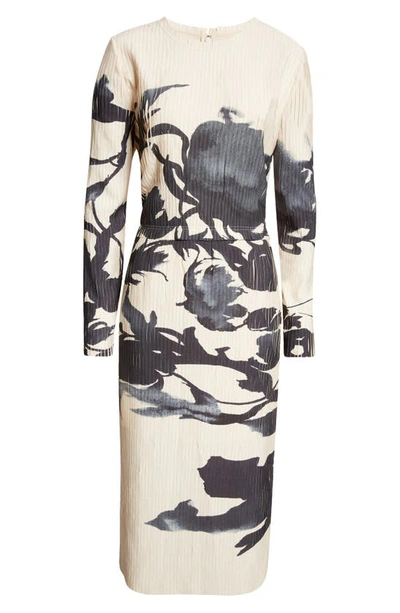 Jason Wu Collection Placed Print Long Sleeve Pleated Midi Dress In Flax Black
