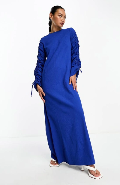 Asos Design Ruched Long Sleeve Crinkle Maxi Dress In Medium